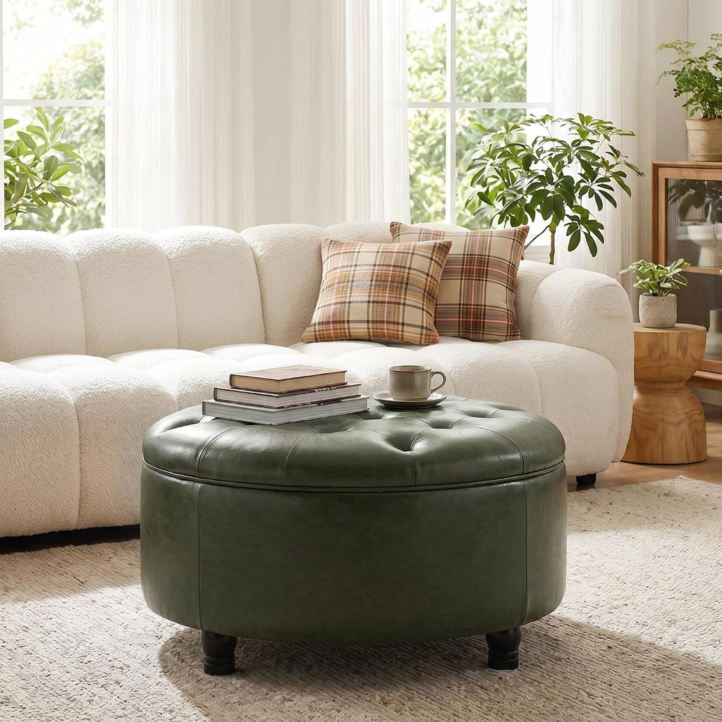30-Inch Round Storage Ottoman, Leather Ottoman (Green) | Button Tufted Ottoman with Storage, Ottoman Coffee Table with Removable Top for Living Room, Bedroom, Office