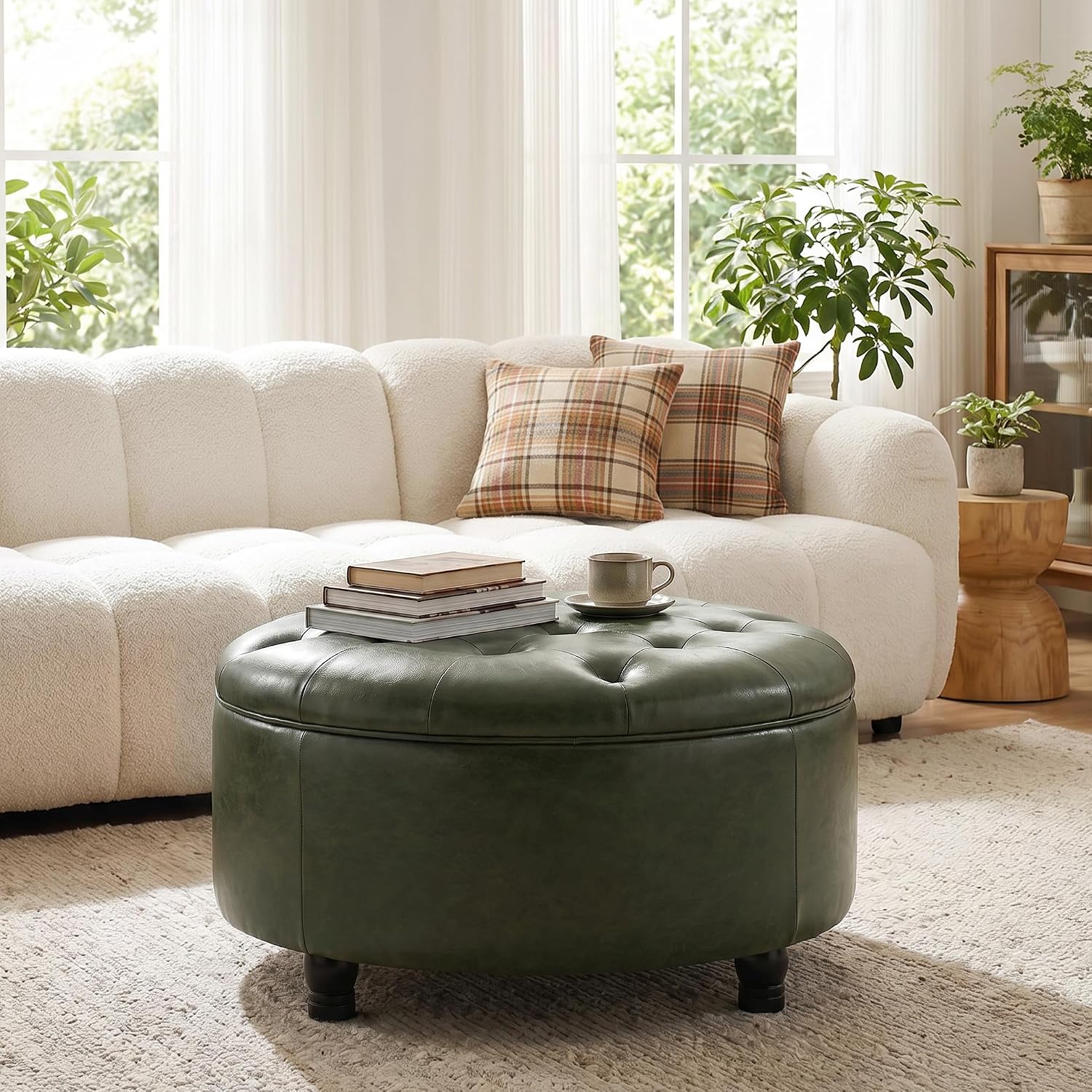 30-Inch Round Storage Ottoman, Leather Ottoman (Green) | Button Tufted Ottoman with Storage, Ottoman Coffee Table with Removable Top for Living Room, Bedroom, Office