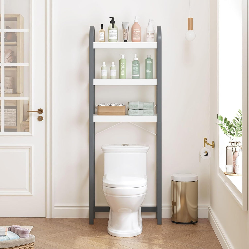 Spirich Over The Toilet Storage Shelf, 3-Tier Over Toilet Bathroom Organizer, Space-Saving Above Toilet Storage Shelf Rack with Bamboo Frame, Gray