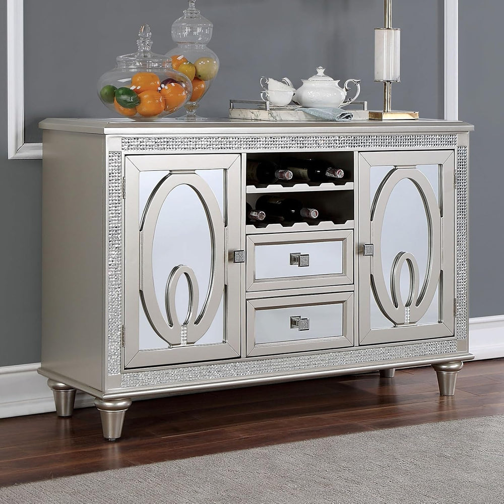 Contemporary Silver Server with Mirror Tile Accents, Mirror, Solid Wood | Mir...