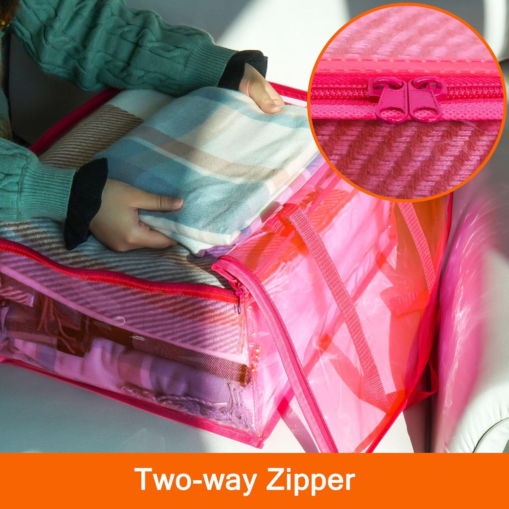 Vieshful 90L Clear Clothes Storage Bag with Zipper 3 Pack Colorful Clothes Organizer Vinyl Storage Bag for Comforter, Blanket, Bedding, Duvet, Transparent Moving Totes, Pink