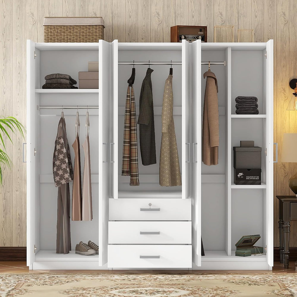 Merax Large White 6 Doors Wooden Wardrobe, Bedroom Tall Armoire Closet Organi...