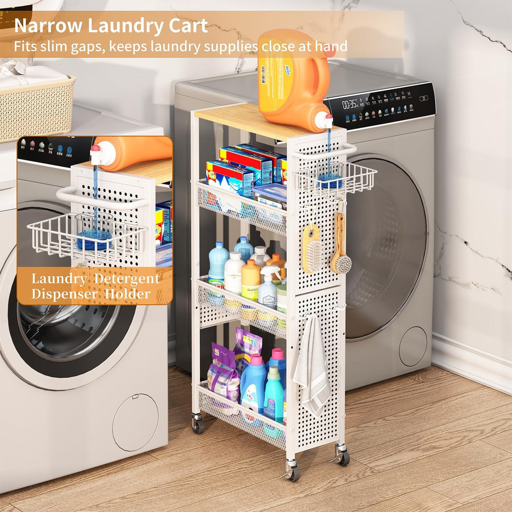 Slim Storage Rolling Cart: 4-Tier Narrow Metal & Wood Utility Cart with W...
