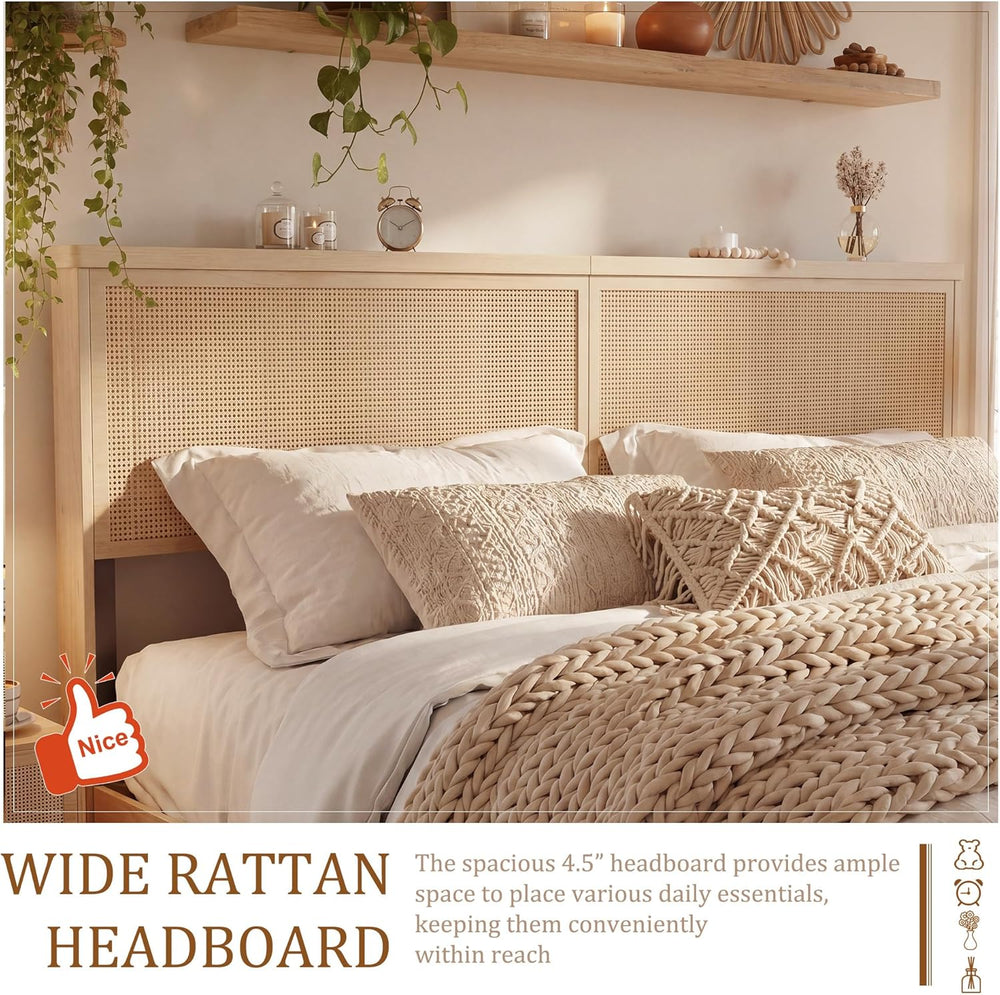 Brafab Natural Rattan Queen Bed Frame with Headboard, 4 Storage Drawers