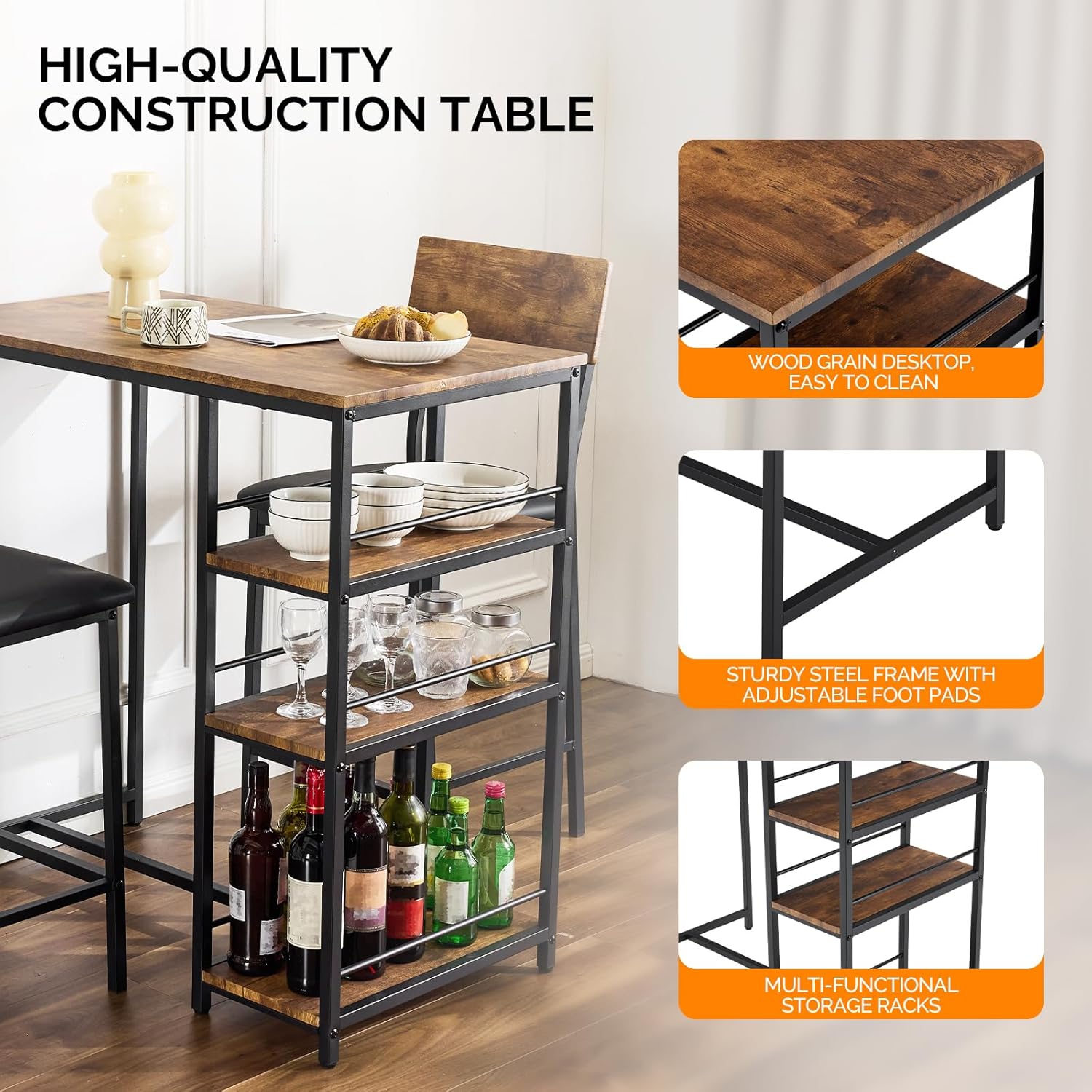VINGLI Dining Table Set for 2, Kitchen Breakfast Counter Height Small 3 Piece Bar Table and Chairs Set with Storage, Brown