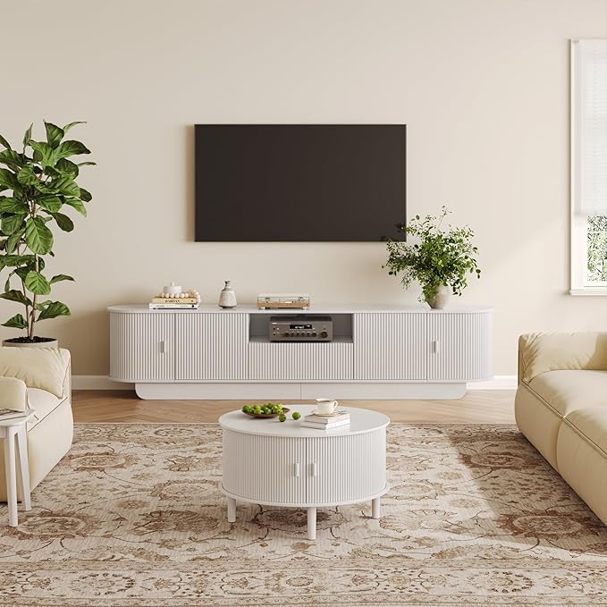 Coffee Table and TV Stand Set of 2, Round Center Table with Storage, Fluted Coffee Table with 360° Sliding Doors, 86.6" Entertainment Center for Bedroom, Living Room, White