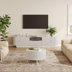Coffee Table and TV Stand Set of 2, Round Center Table with Storage, Fluted Coffee Table with 360° Sliding Doors, 86.6" Entertainment Center for Bedroom, Living Room, White