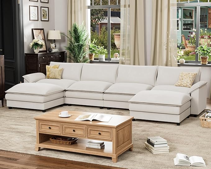 Homall 159" Modular Sectional Sofa, U Shaped Sofa Couch with Reversible Ottoman, DIY Combination Chenille Deep 4-Seat Cloud Couch for Living Room, Apartment (White, U Shaped Sofa)