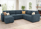 HONBAY Modular Sectional Sleeper Sofa with Pull Out Bed, Corduroy Couch with Storage, U Shaped Sectional Couches for Living Room, Blue