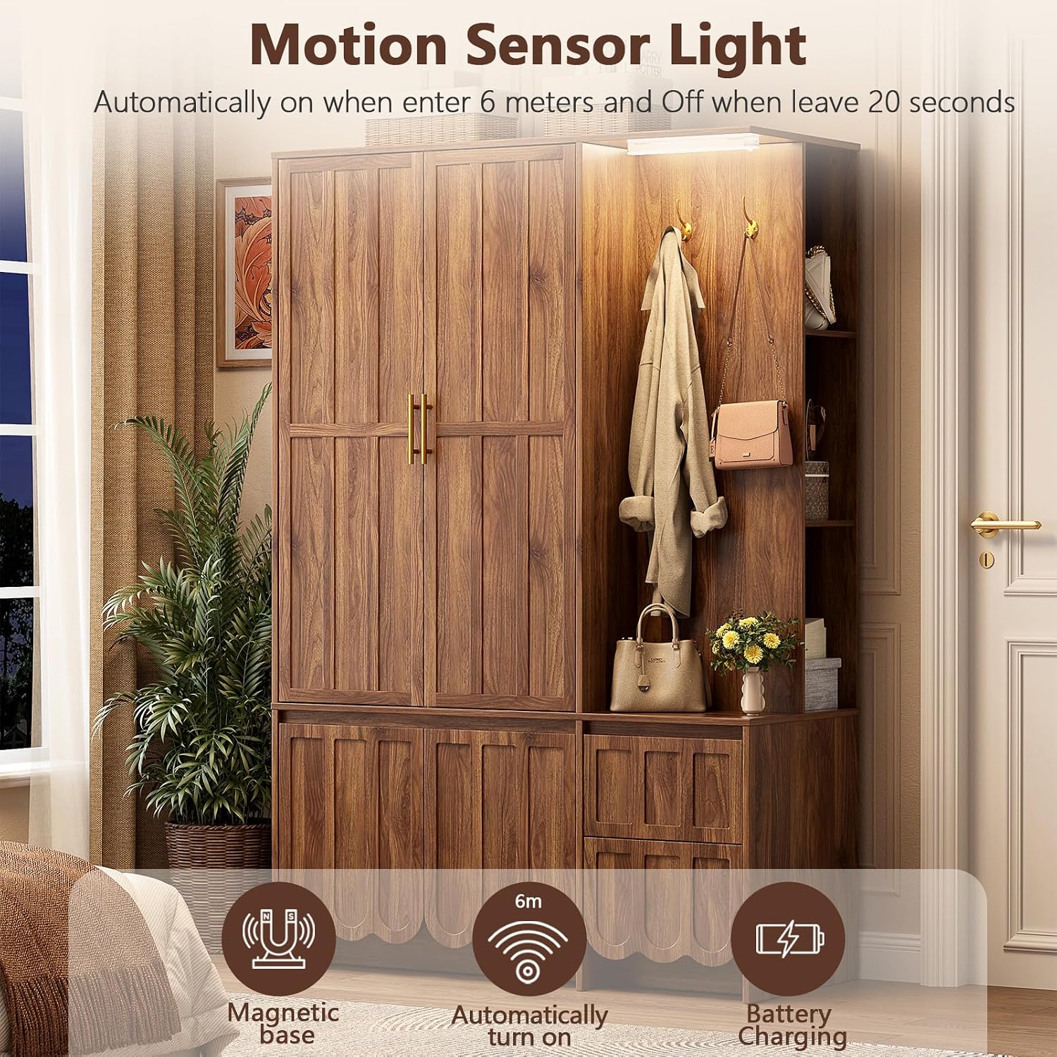 Armoire Wardrobe Closet with 2 Drawers, 3 Open Shelves, Sensor Light, 71” Tall Bedroom Armoire with Hanging Hooks and 2 Doors, Modern Fluted Wooden Closet Combination with Large Storage, Walnut