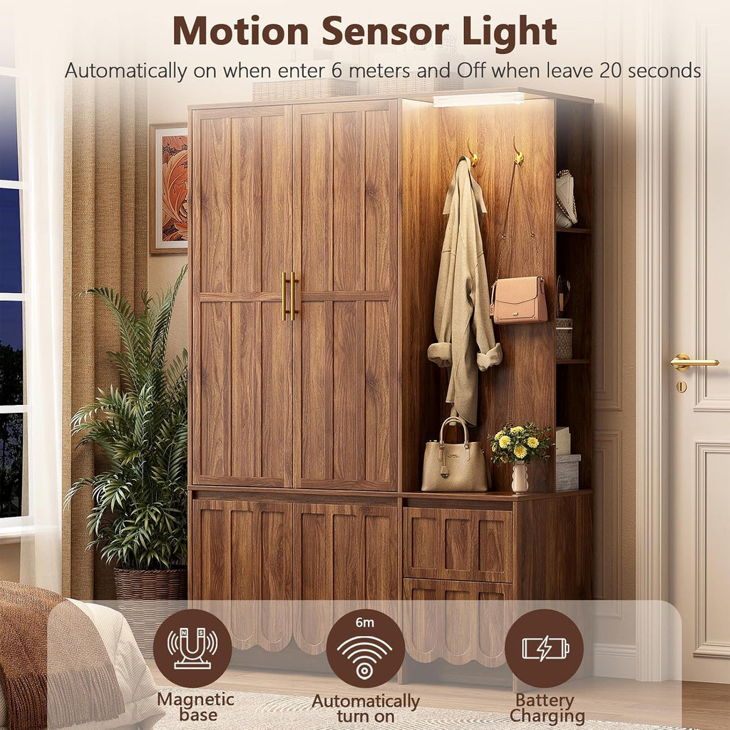 Armoire Wardrobe Closet with 2 Drawers, 3 Open Shelves, Sensor Light, 71” Tall Bedroom Armoire with Hanging Hooks and 2 Doors, Modern Fluted Wooden Closet Combination with Large Storage, Walnut