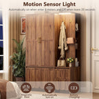 Armoire Wardrobe Closet with 2 Drawers, 3 Open Shelves, Sensor Light, 71” Tall Bedroom Armoire with Hanging Hooks and 2 Doors, Modern Fluted Wooden Closet Combination with Large Storage, Walnut