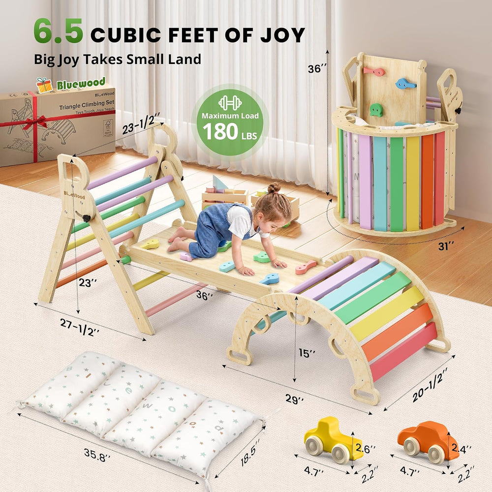 BlueWood Pikler Triangle Set Rainbow with Cushion and Wooden Busy Board
