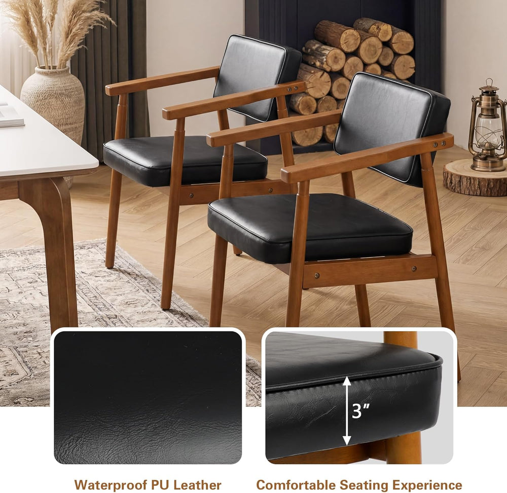 LSSPAID Mid Century Dining Chairs Set of 4, Black PU Leather with Walnut Fini...