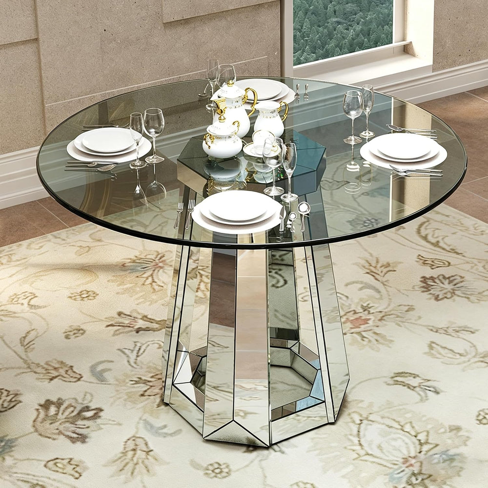 Henf Luxury Round Glass Dining Table for 4-6, Silver 47" Glass Kitchen T...