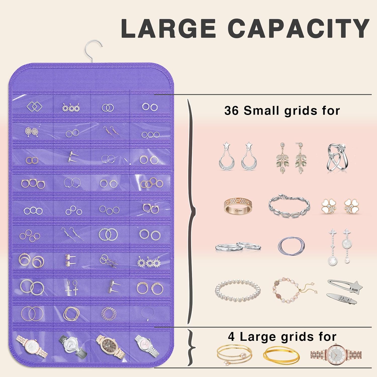 Hanging Jewelry Organizer Storage, 40 Pockets 36 Hooks Necklace Earring Necklace Bracelet Ring Organizer, Double - Sided Design, Purple