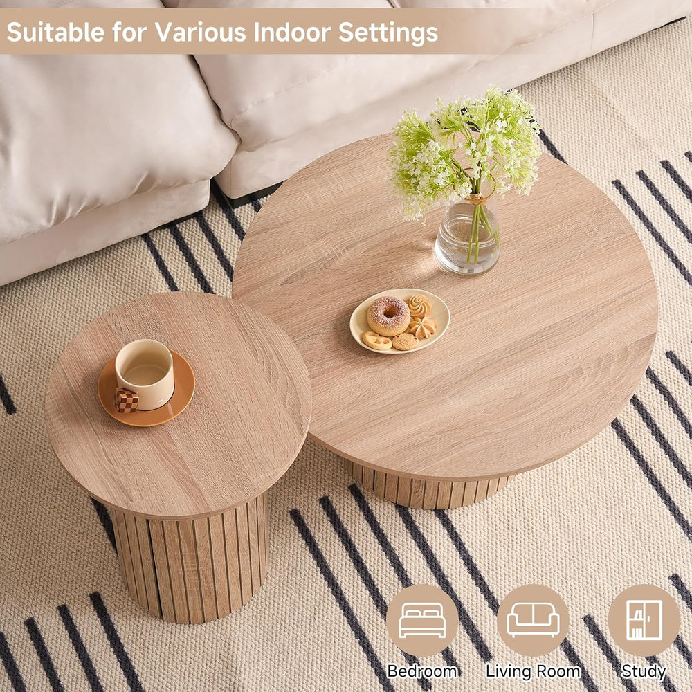 Round Nesting Coffee Tables Set of 2, Mid Century Modern Small Wood Side Tabl...