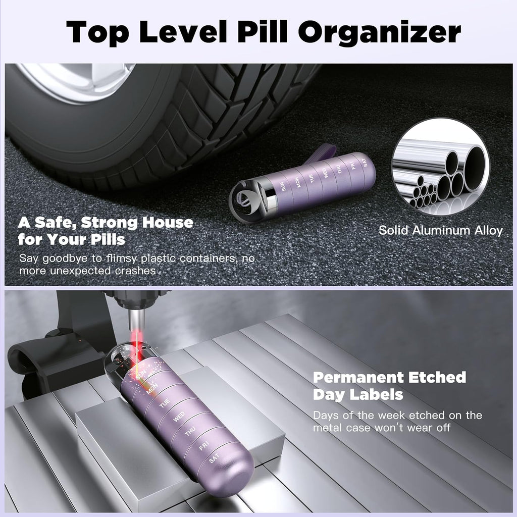 Zannaki Metal Travel Pill Organizer, Portable Waterproof Weekly Pill Box, Large Aluminum Alloy Pill Case Container, BPA Free 7 Day Daily Medicine Organizer Holder for Vitamin, Fish Oil, Supplement