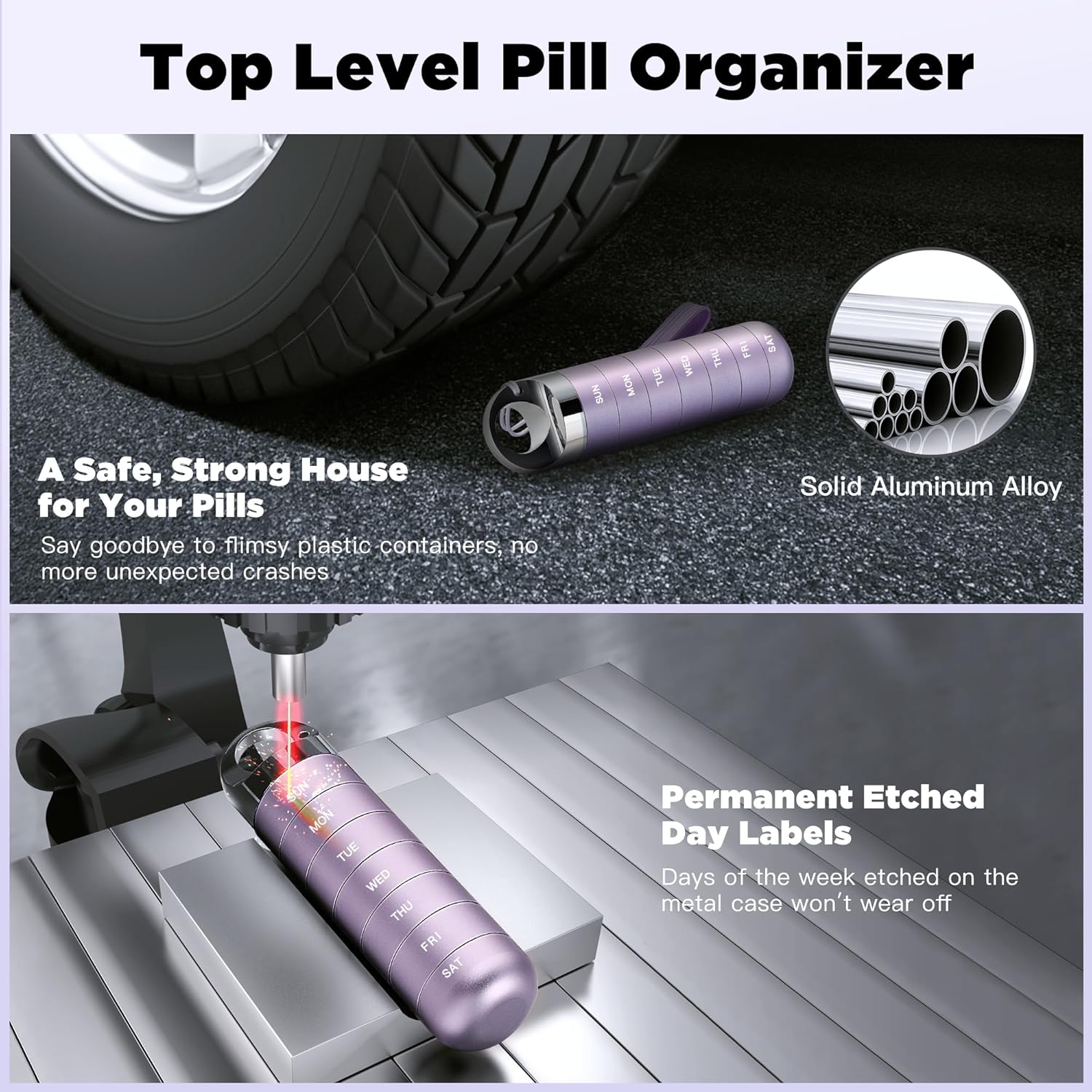 Zannaki Metal Travel Pill Organizer, Portable Waterproof Weekly Pill Box, Large Aluminum Alloy Pill Case Container, BPA Free 7 Day Daily Medicine Organizer Holder for Vitamin, Fish Oil, Supplement