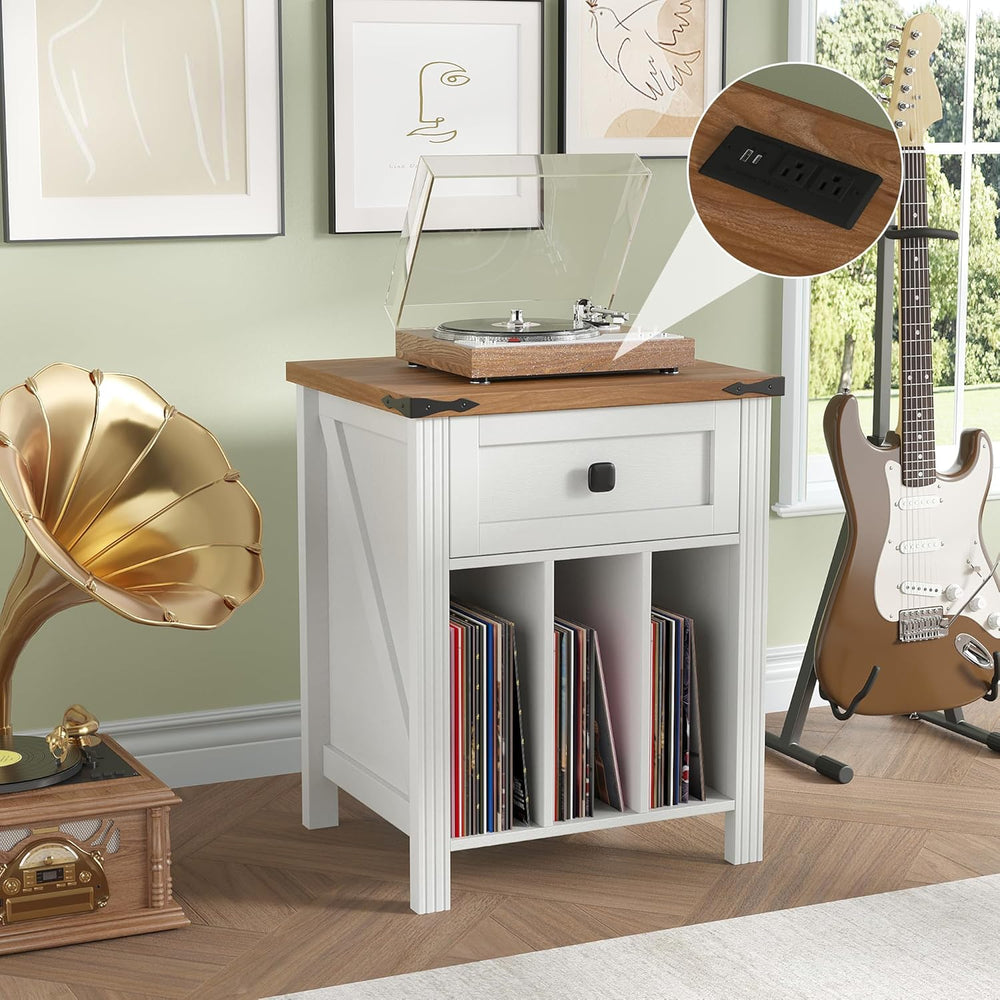 Farmhouse Record Player Stand with Vinyl Record Storage, End Table with Charg...