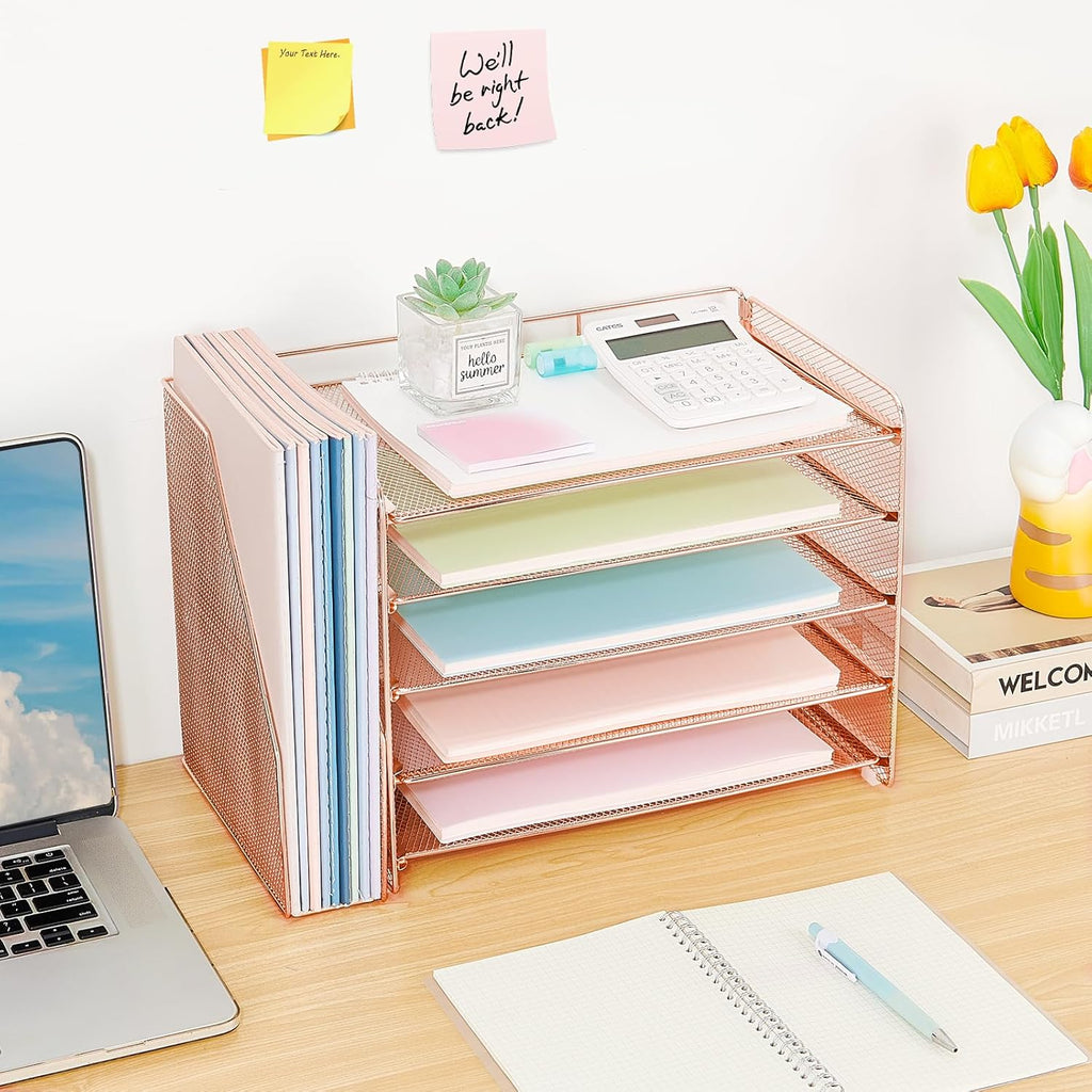 OPNICE 5-Tier Paper Organizer with Magazine Holder, Desk Organizers and Accessories, Office Desk Accessories & Workspace Organizers, Desktop File Organizer for Office Supplies Storage, Rose Gold