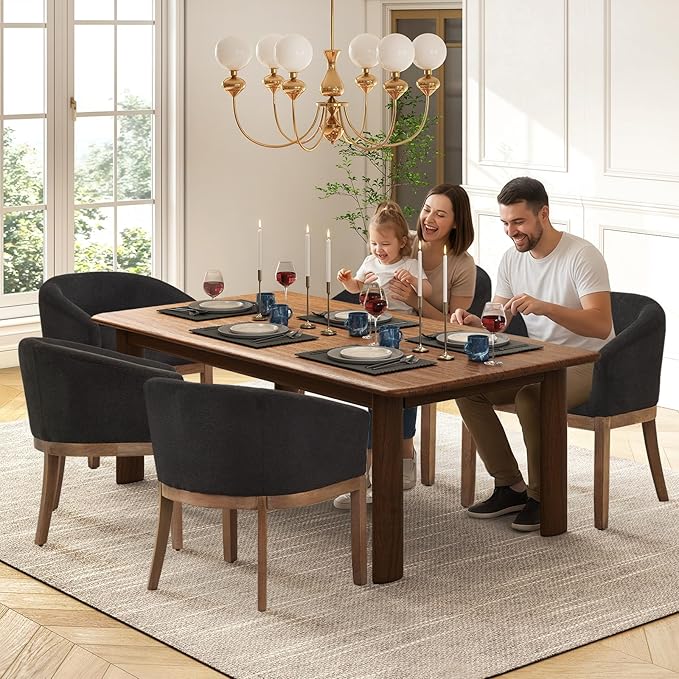 SoarFlash Mid Century Modern Upholstered Barrel Dining Chairs Set of 6, Farmhouse Linen Kitchen and Dining Room Chairs, with Natural Hardwood Frame (Black)