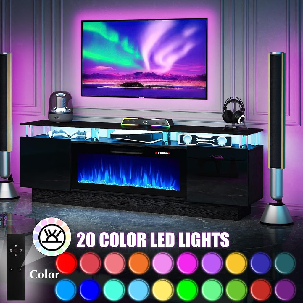 PRETZI 70" Modern Fireplace TV Stand with 36" Electric Fireplace for TVs Up to 80 inch, Luxury LED Light Entertainment Center with High Gloss Cabinet (Black, 70" (8 Acrylic Posts))