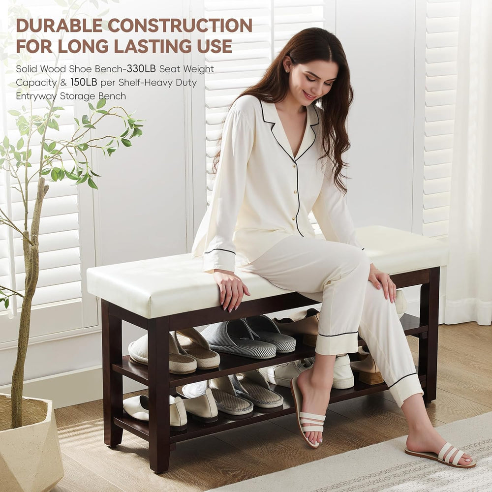 40" Shoe Bench with Leather Cushion, Upholstered Entryway Bench, Ivory |...