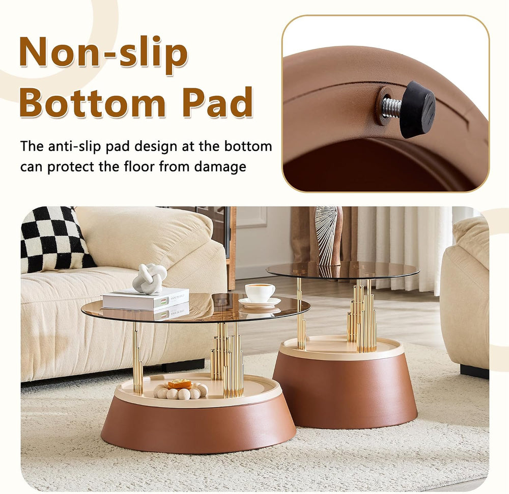 Round Glass Coffee Table Set of 2, Brown, 27.5 Inch | Amber tempered glass to...