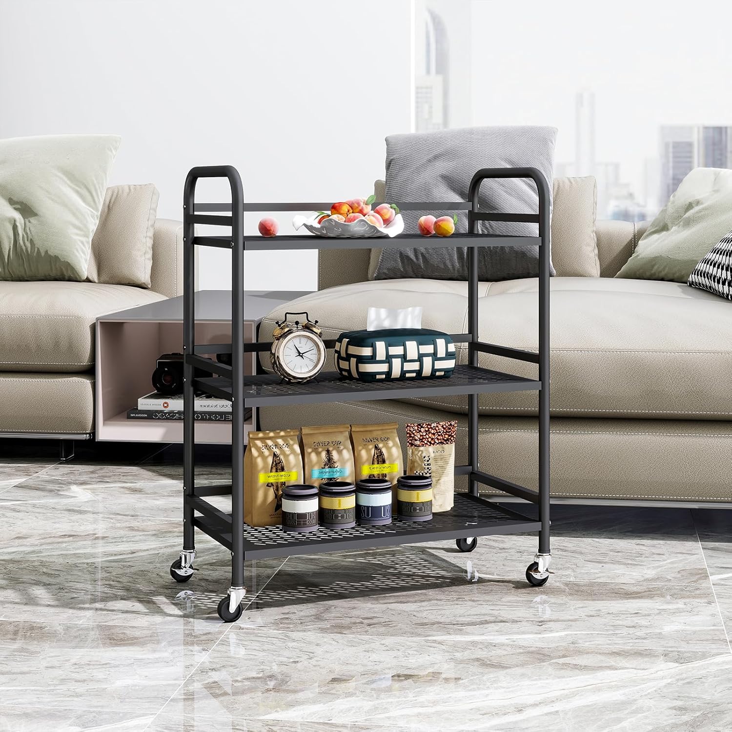 HDANI 3 Tier Metal Rolling Heavy Cart Supports 40 Lbs Per Tier,Mesh Rolling Cart with 2 Lockable Wheels for Office,Home,Bedroom,Kitchen,Bathroom(Black)