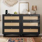 VIAGDO Rattan Nightstand with Charging Station, Black Rattan Night Stand with 3 Large Wicker Decorated Drawers, Boho Bedside Table, End Side Table, 3 Drawer Dresser for Bedroom