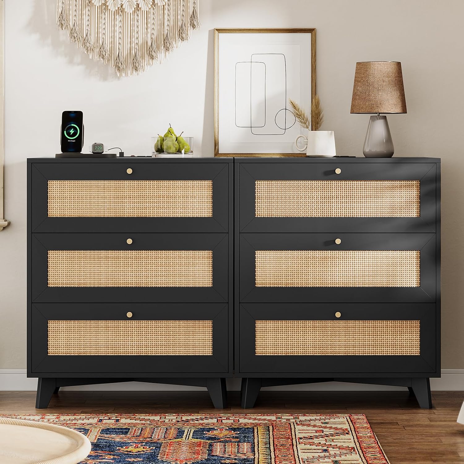 VIAGDO Rattan Nightstand with Charging Station, Black Rattan Night Stand with 3 Large Wicker Decorated Drawers, Boho Bedside Table, End Side Table, 3 Drawer Dresser for Bedroom