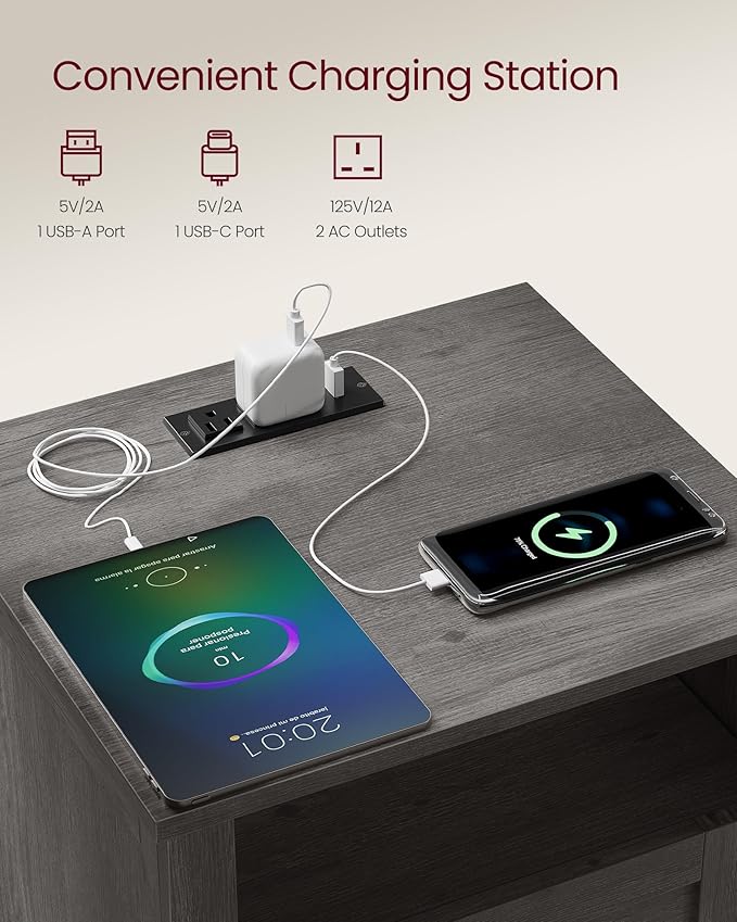 VASAGLE LIRY Collection - Farmhouse Nightstand with Charging Station, Bedside...