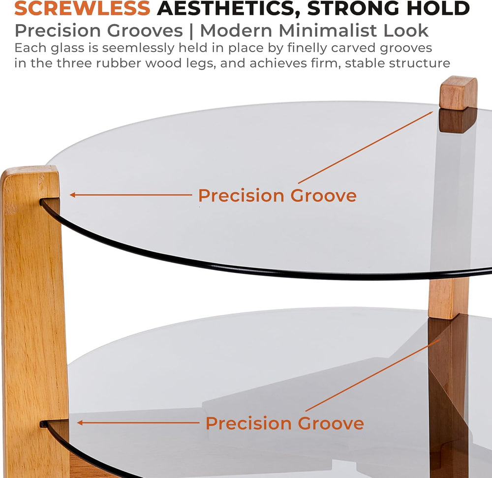 Round End Table, 2-Tier Tempered Glass Table Top Wooden Legs, Modern Side Tab...
