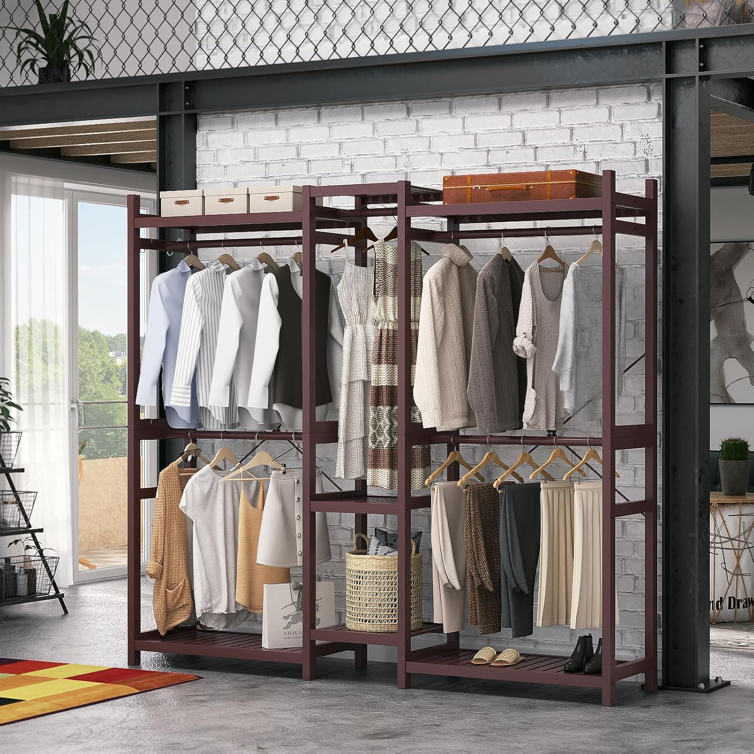 Homykic Bamboo Closet System Clothes Rack, Large Freestanding Garment Rack Clothing Rack for Hanging Clothes with 7 Storage Shelves and 5 Rods, Open Wardrobe Organizer with 4 Hooks, Espresso
