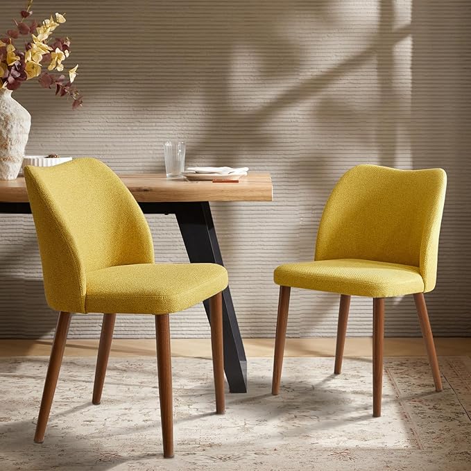 Dining Chairs Set of 2, Upholstered Kitchen Dining Room Chair Set Morden Accent Side Dinner Chair with Curved Padded Back Wood Legs for Restaurant/Cafe, Mustard