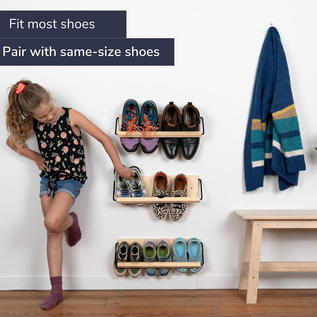 Wall Mounted Shoe Rack - A Wooden, Modern, Slim, and Small Shoe Storage Solution for Shoes and Boots in Narrow Spaces, entryways, or hallways. (20-in-Wide, Pack of 2)