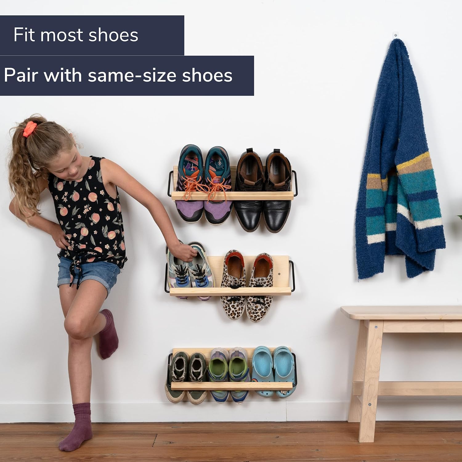 Wall Mounted Shoe Rack - A Wooden, Modern, Slim, and Small Shoe Storage Solution for Shoes and Boots in Narrow Spaces, entryways, or hallways. (20-in-Wide, Pack of 2)