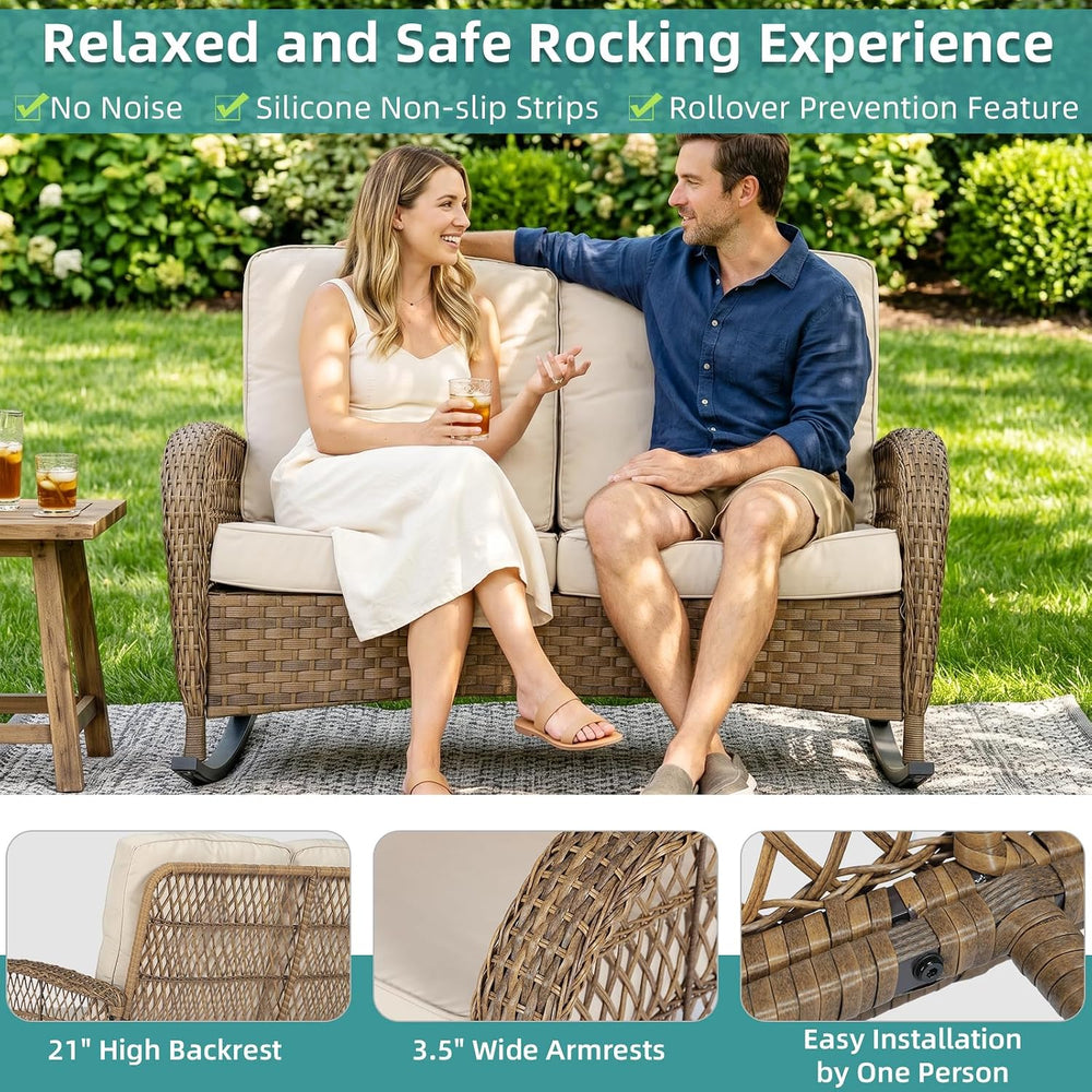 MEETWARM Outdoor Wicker Loveseat Rocking Chair, Loveseat for 2 Person Porch F...