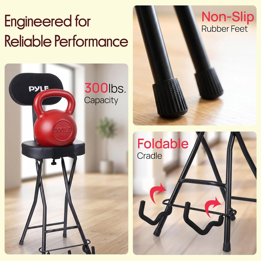 Pyle Adjustable Guitar Seat with Built-In Stand, EVA Foam Padded Cradles, Rem...