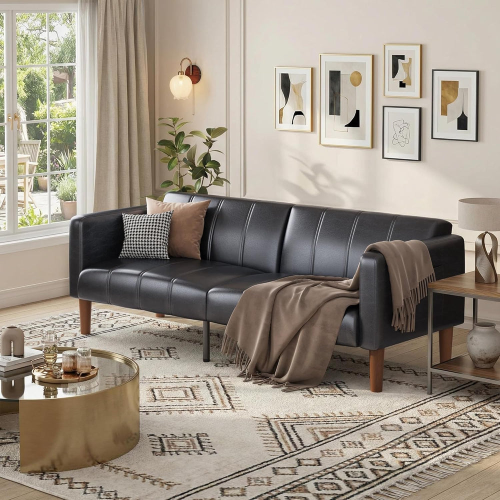 75 in Futon Sofa Bed, Faux Leather Convertible Couch with Adjustable Backrest...