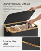 SONGMICS Laundry Hamper with Lid, 2-Section Large Laundry Basket, 34.3-gallon (130L), Removable Mesh Liner, Bamboo Handles, Collapsible, 20.5 x 15.2 x 27.8 Inches, Ink Black ULCB513B01