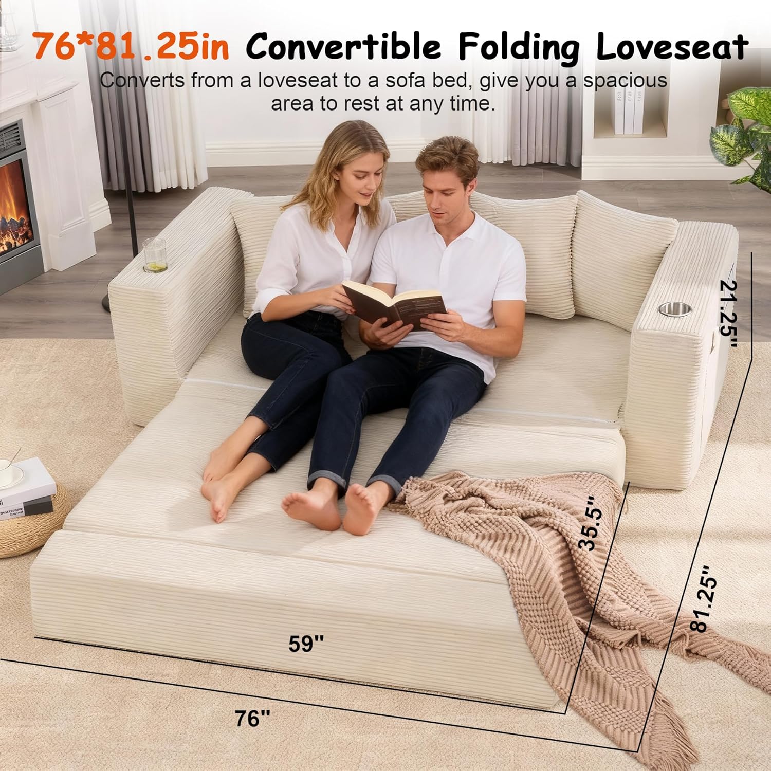 76" Convertible Sofa Bed, Corduroy Boneless Couch with Cup Holders & Pocket | 2-in-1 Sleeper Sofa, Pull-out Couch Bed with 5 Pillows, Living Room, Small Spaces, Bedroom, No Assembly