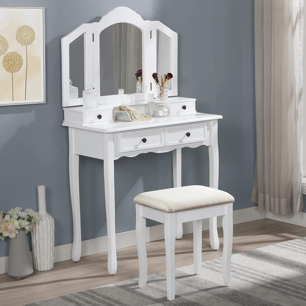 Montary Makeup Vanity Desk with 3-Panel Mirror, Wooden Vanity Dressing Table ...