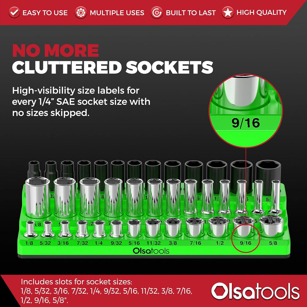 Olsa Tools Magnetic Socket Organizer - 1/4-Inch Drive, 3 Row - Holds 39 SAE Green Sockets - Professional Grade, Part: 1548