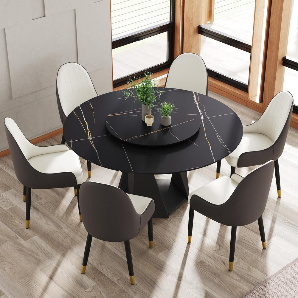 Montary 7 Piece Modern Dining Table Chairs Set of 6, Round 59" D Faux Ma...
