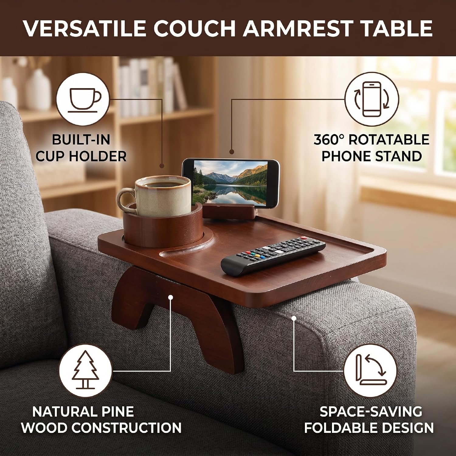 Wood Sofa Arm Tray Table, Couch Armrest Table with Cup Holder, Phone Stand, Clip On Sofas Couch Arm Trays for Snacks Drinks Remote Control (Brown)