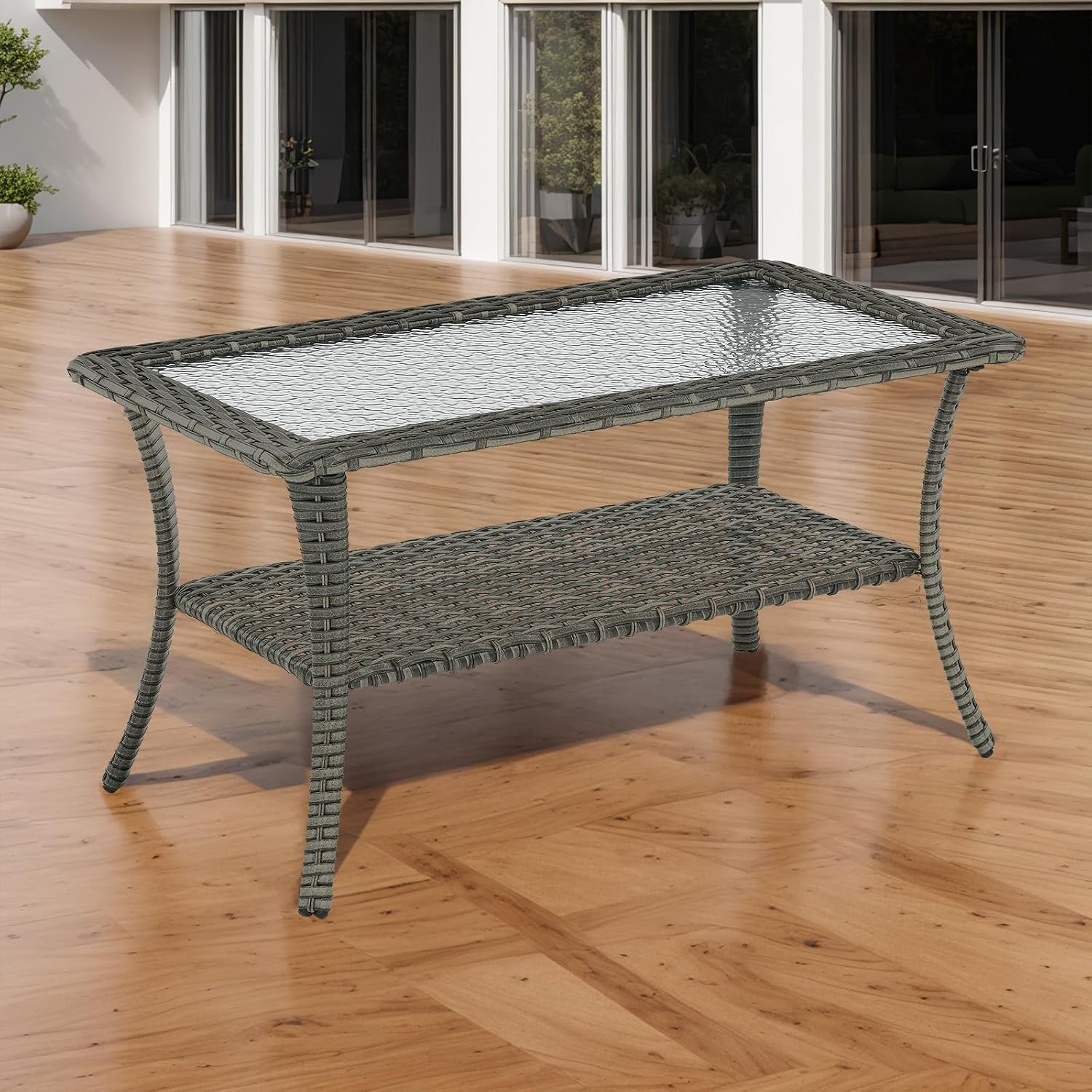 Rilyson Patio Tables Outdoor Coffee Table - Wicker Rattan Coffee Tables with 2-Tier Storage Shelf Glass Top for Outside Proch Deck Balcony Garden Rectangle Mixed Grey