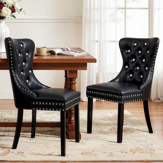 SyMax Dining Chairs Set of 2, Faux Leather Wingback Upholstered Dining Room Chairs with Diamond and Nailhead, Mid Century Modern Tufted Kitchen Chairs with Wood Legs, Black