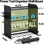 4 Layer Heavy Duty Power Tool Organizer Wall Mount with Charging Station, Adjustable Metal Storage Rack, 6 Outlets Strip, Drill Holders, Hooks & Drill Bit Rack for Garage, Workshop, Black